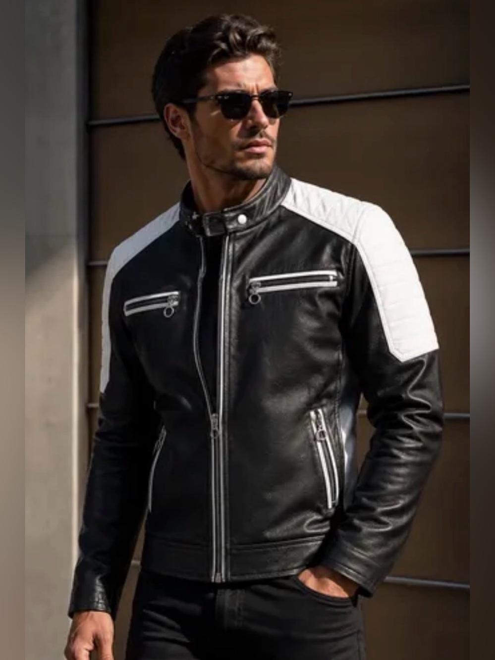 American breed Men's Black Leather Bomber Jacket with White Quilted Shoulders